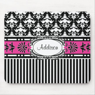 Girl's Chic Paris Damask Retro Pink and Black Mouse Pad