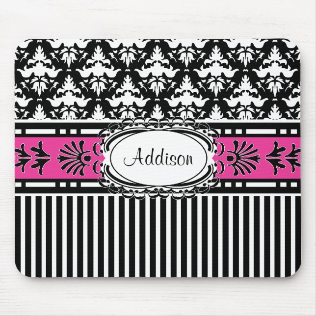 Girl's Chic Paris Damask Retro Pink and Black Mouse Pad (Front)