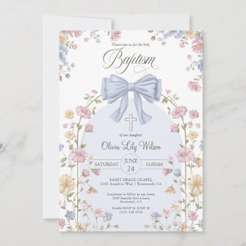 Girl's Christan Baptism Pastel Bow Wildflower Invitation