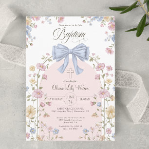 Girl's Christan Baptism Pastel Bow Wildflower Invitation