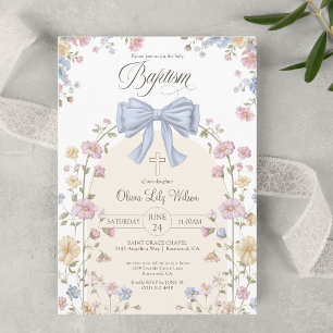 Girl's Christan Baptism Pastel Bow Wildflower Invitation