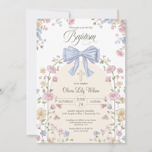 Girl's Christan Baptism Pastel Bow Wildflower Invitation