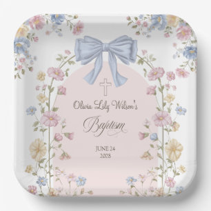Girl's Christan Baptism Pastel Bow Wildflower Paper Plates