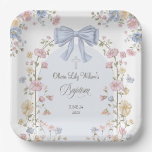 Girl's Christan Baptism Pastel Bow Wildflower Paper Plates