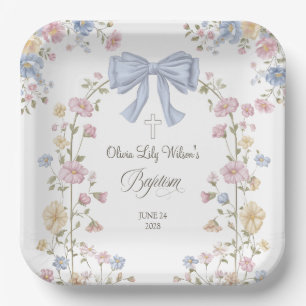 Girl's Christan Baptism Pastel Bow Wildflower Paper Plates