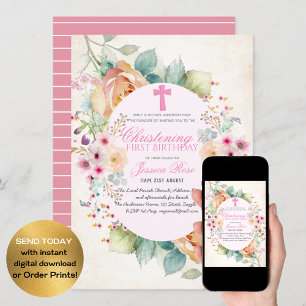 Girls CHRISTENING and 1st BIRTHDAY Girl Floral Invitation