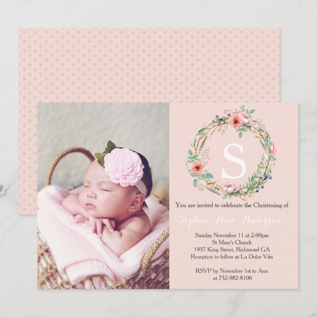 Girls Christening Invitation - Pink Wreath (Front/Back)