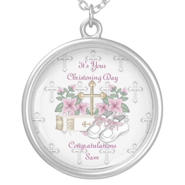 Girls Christening Shoes Silver Plated Necklace (Front)