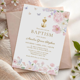 Girl's Christian Baptism Pastel Floral Butterfly Invitation