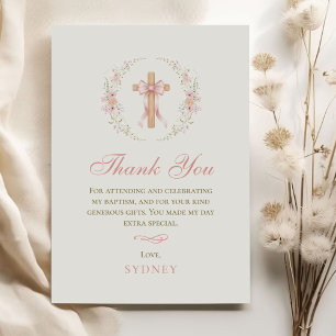 Girl's Christian Baptism Pink Floral Bow Thank You Card