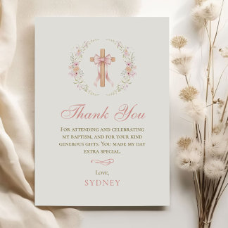 Girl's Christian Baptism Pink Floral Bow Thank You Card