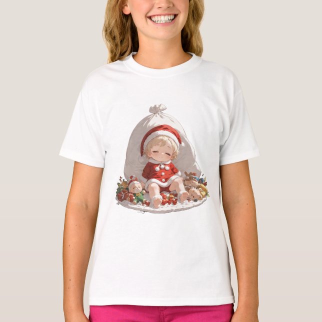 Girls Christmas T-Shirt | Cute Santa Kids Tee (Front)