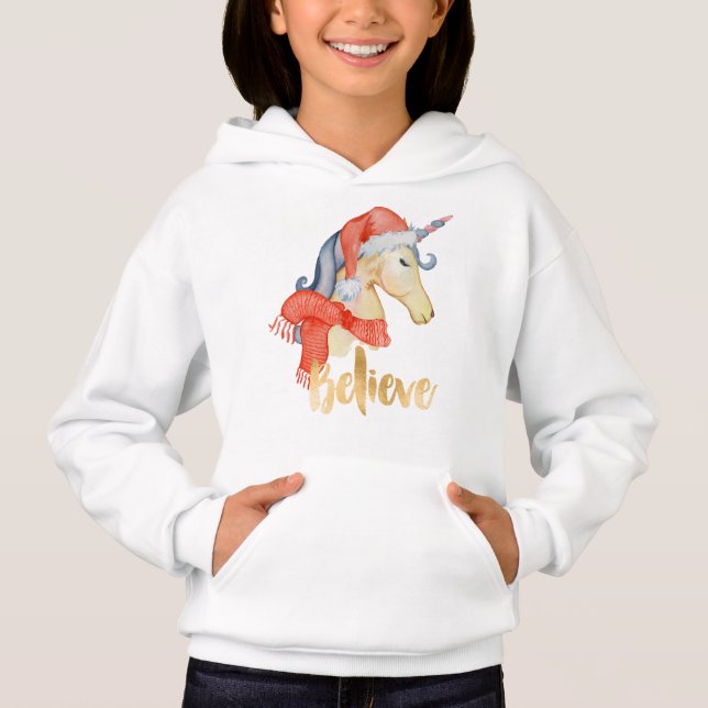 Girl's Christmas Unicorn Believe Hooded Sweatshirt (Front)