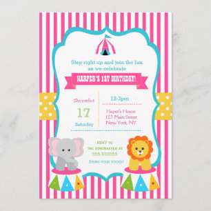 Girls Circus Carnival Birthday Party Invitations