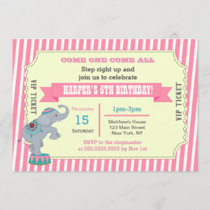 Girls Circus Carnival Ticket Birthday Invitations