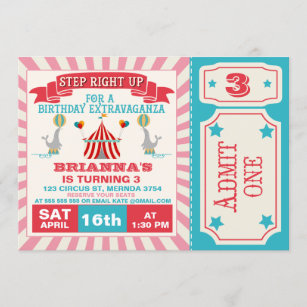 Girls Circus Ticket Birthday Party Invitation