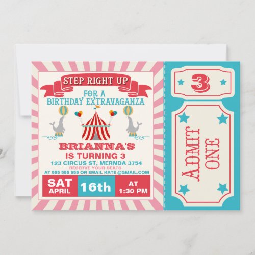 Girls Circus Ticket Birthday Party Invitation