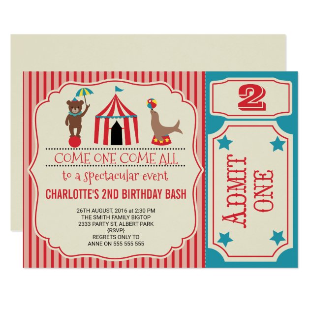 Girls Circus Ticket Birthday Party Invitation