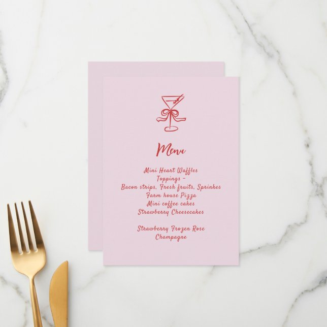 Girls Cocktail Brunch Pink Red Handwritten Menu (Front/Back In Situ)