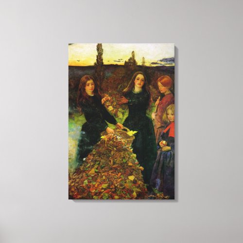 Girls Collecting Autumn Leaves for a Bonfire Canvas Print