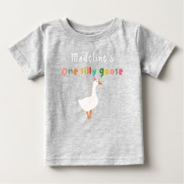 Girls Colorful Cute One Silly Goose 1st Birthday Baby T-Shirt