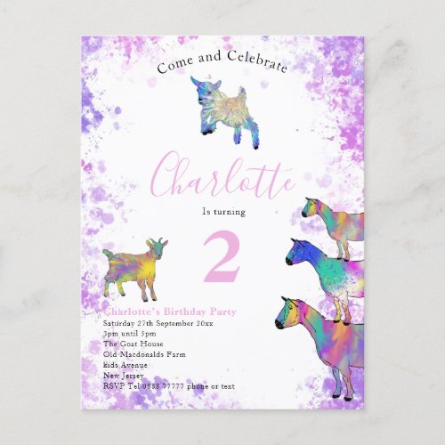 Girls Colorful Goats Birthday Party Invitation Postcard