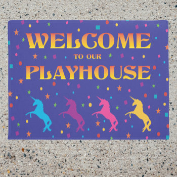 Girls Colorful Playhouse Unicorns And Stars Doormat by Sideview at Zazzle