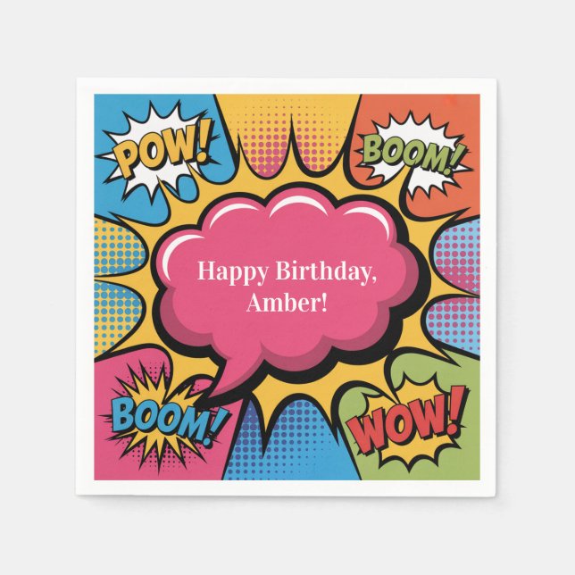 Girls’ Colorful Pop Art Birthday Party Napkins (Front)