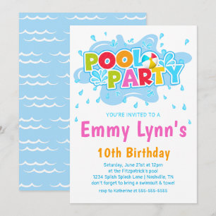 Girls Colorful Summer Pool Party Birthday Invitation