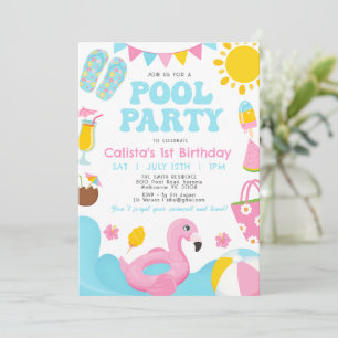Girls Colorful Summer Pool Party Birthday Invitation