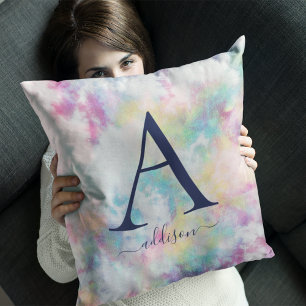 Girl's Colorful Tie-Dye Monogram Name Throw Pillow