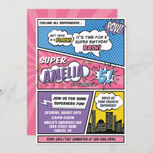 Girls Comic Book Style Superhero Birthday Party Invitation