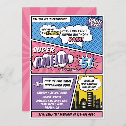 Girls Comic Book Style Superhero Birthday Party Invitation