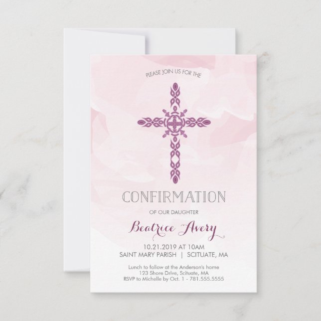 Girl's Confirmation Invitation, Cross & Watercolor Invitation (Front)