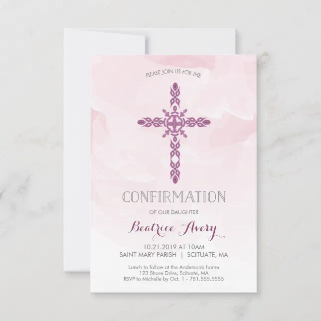 Girl's Confirmation Invitation, Cross & Watercolor Invitation | Zazzle