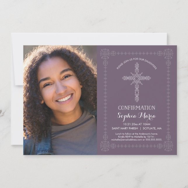 Girl's Confirmation Invitation w/ Photo - Cross (Front)