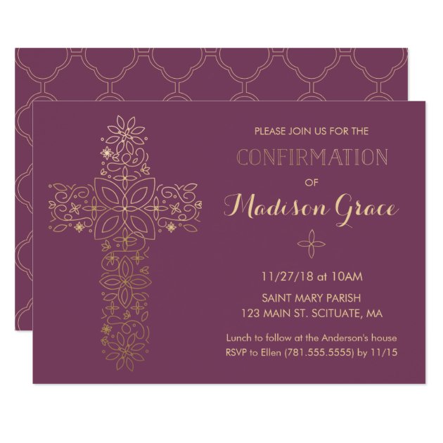Girl's Confirmation Invitation With Gold Cross