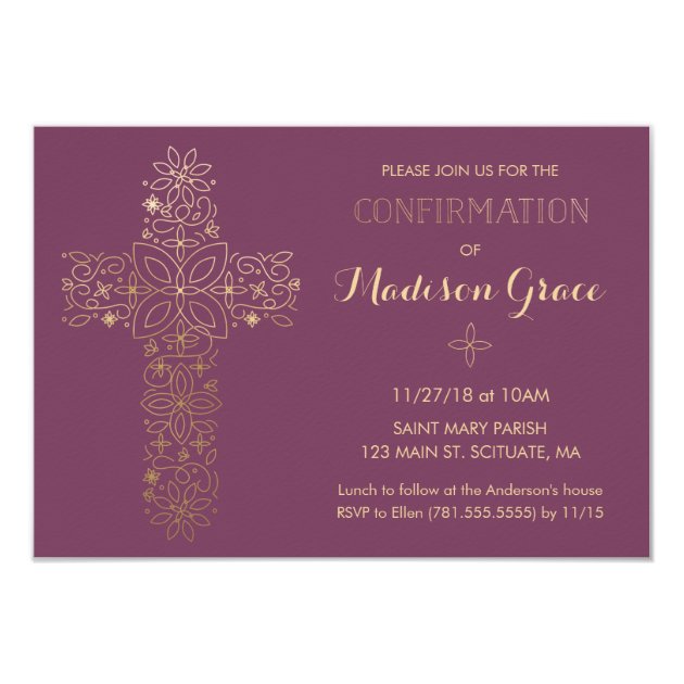 Girl's Confirmation Invitation With Gold Cross