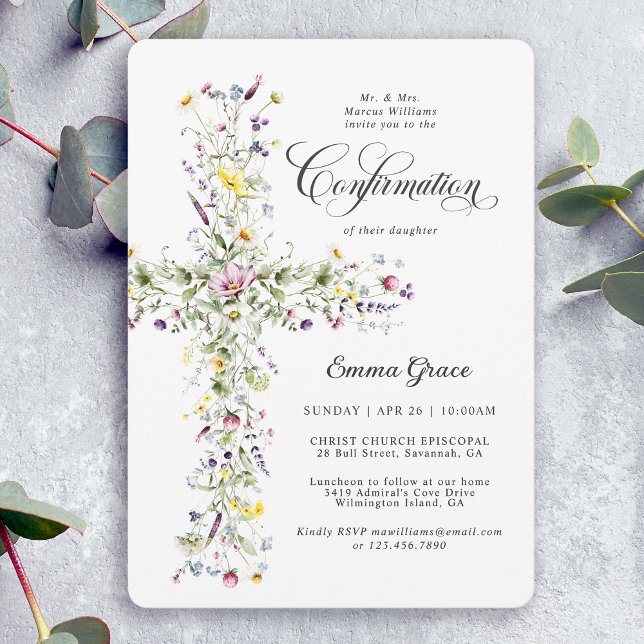 Girl's Confirmation Wildflower Floral Cross Invitation (Available in both printed and instant download digital formats.)