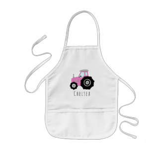 Girl's Cool Doodle Pink Farm Tractor with Name Kids' Apron