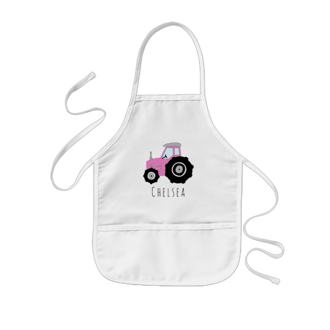 Girl's Cool Doodle Pink Farm Tractor with Name Kids' Apron (Front)