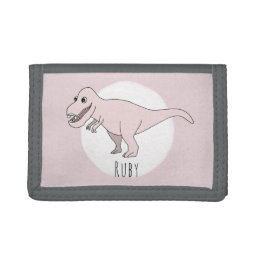 Girl&#39;s Cool Pink Doodle T-Rex Dinosaur with Name Tri-fold Wallet