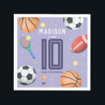 Girls Cool Purple Sports Kids Birthday Napkins<br><div class="desc">This cute and modern sports-themed kids birthday napkin design features a purple sports cartoon design,  with a basketball,  football,  soccer ball,  tennis racket,  trophy,  and stars. The plate can be personalized with your girls name,  age,  and date of the party. The perfect cool sports-themed addition to your child's party.</div>