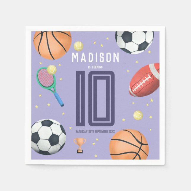 Girls Cool Purple Sports Kids Birthday Napkins (Front)