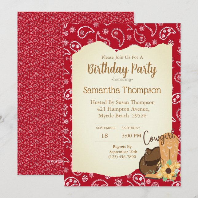 Girls Cowboy Birthday Red Bandana Sunflower    Invitation (Front/Back)