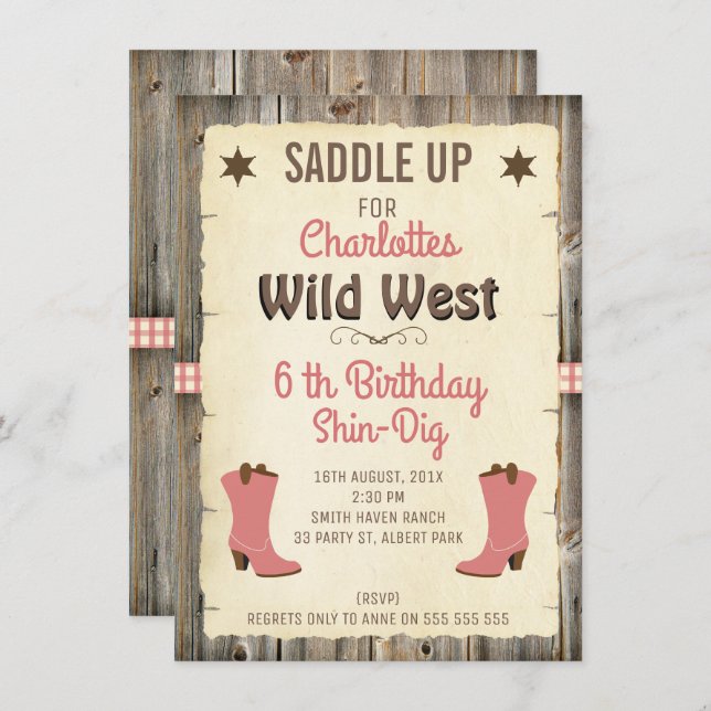 Girls Cowgirl Boots Wild West Birthday Invitation (Front/Back)
