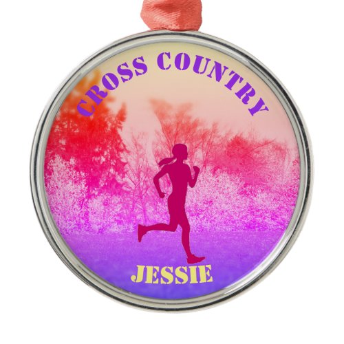 Girls Cross Country Running Rainbow  Metal Ornament
