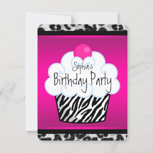 Hot Pink Zebra Girls Cupcake Birthday Party Invite