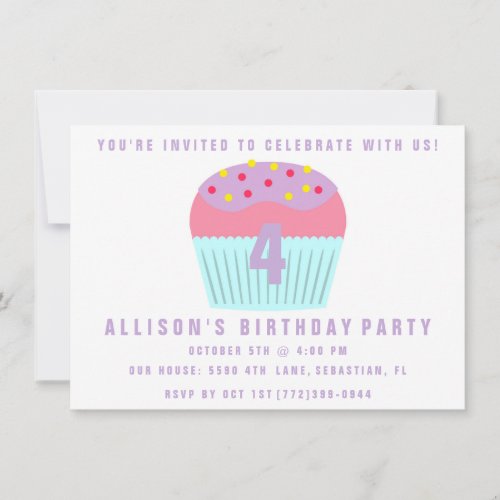 Girls Cupcake Four 4th Birthday Party Invite