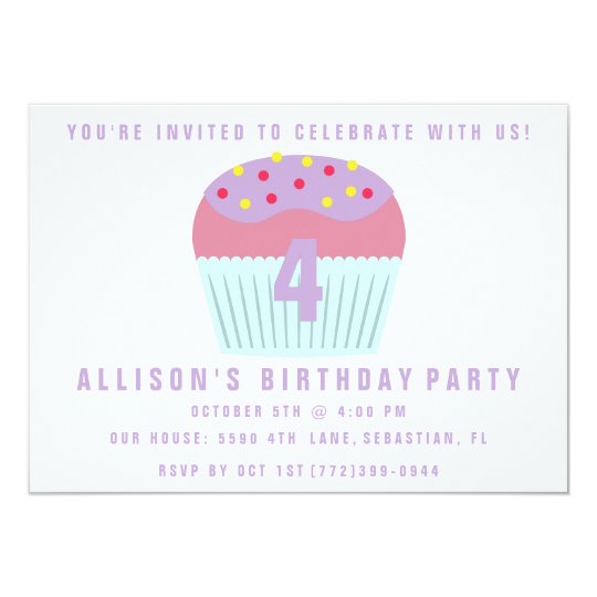 Girls Cupcake Four 4th Birthday Party Invite | Zazzle.com